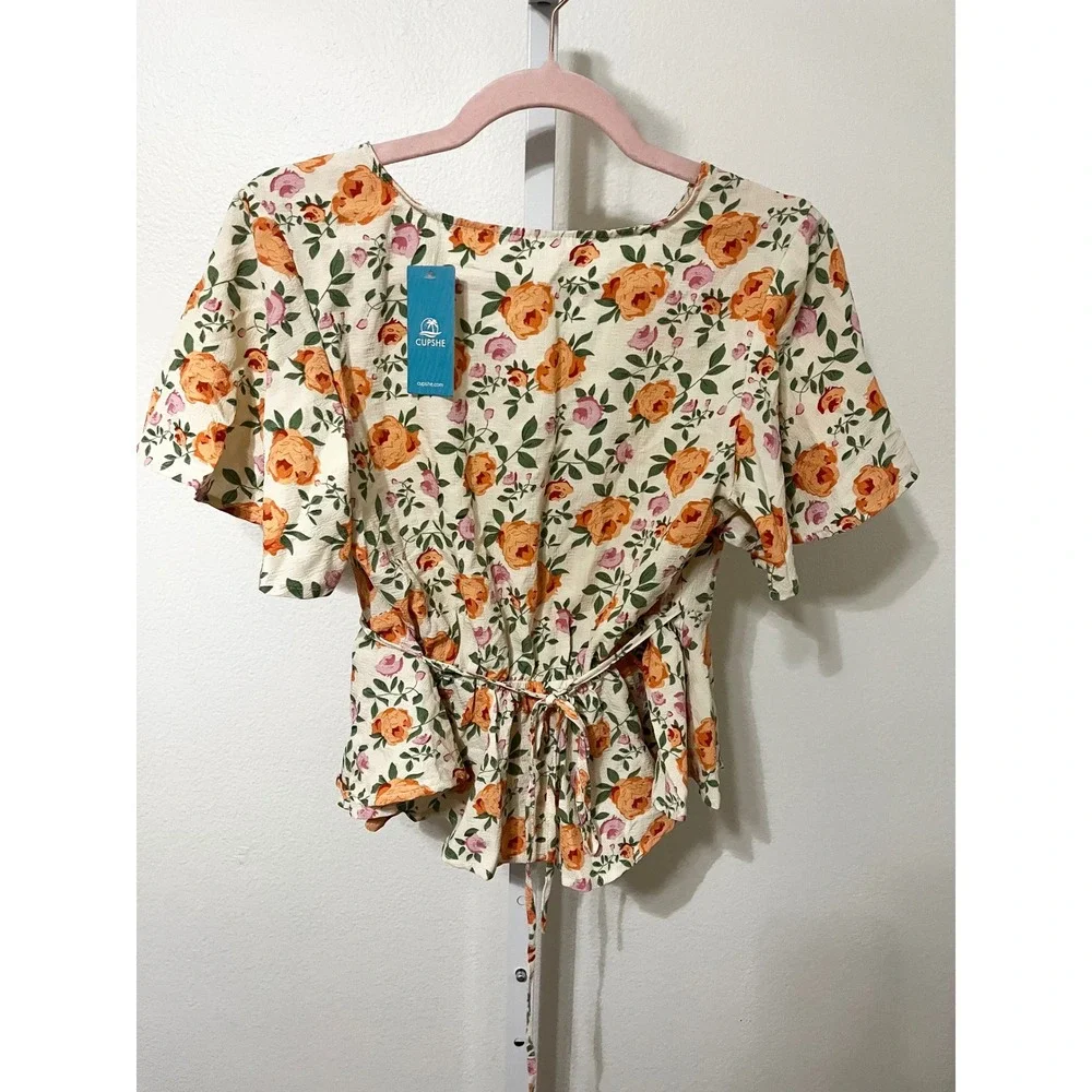 NWT Cupshe Boho Floral Blouse Small Short Sleeve - Picture 6 of 6